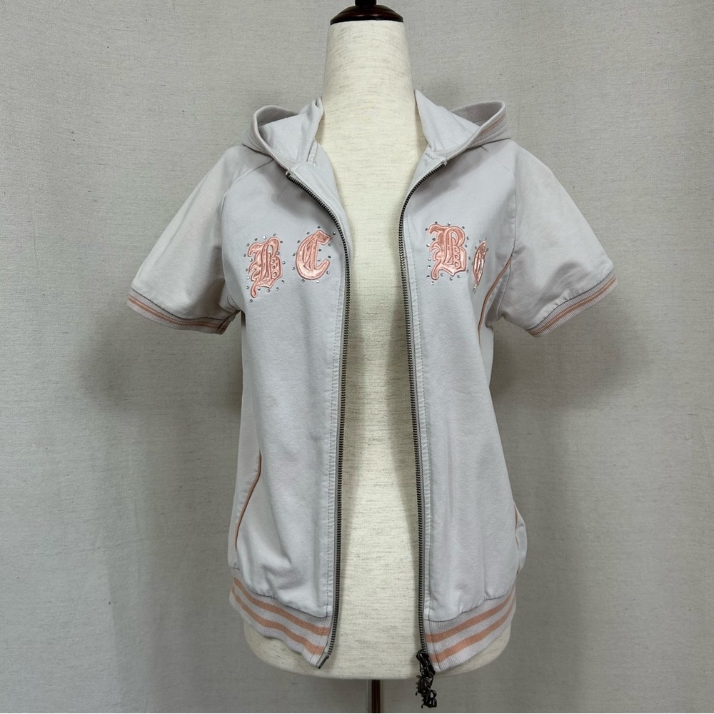 BCBGMaxAzria Vintage Gray and Orange Short Sleeve Varsity Jacket with Hood